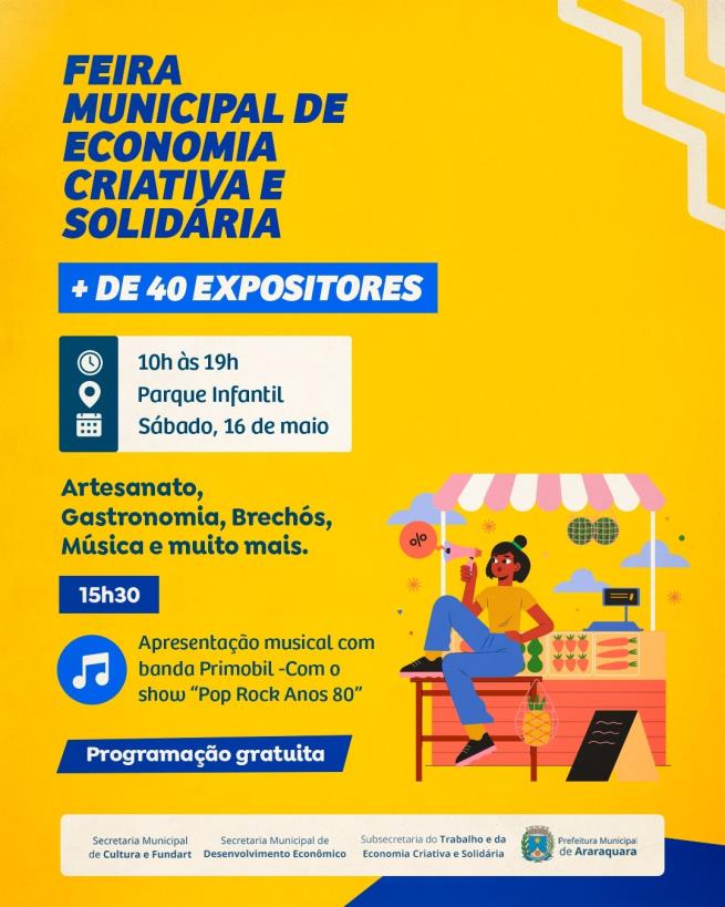 Parque Infantil recebe expositores da Feira Municipal de Economia Criativa e Solidária neste sábado (16)
