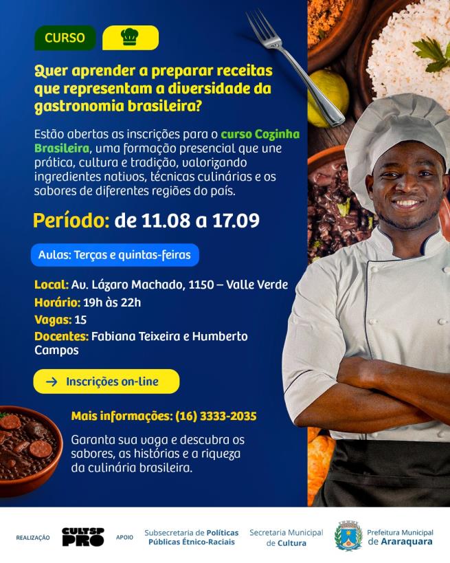 Curso gratuito “Cozinha Brasileira” está com inscrições abertas