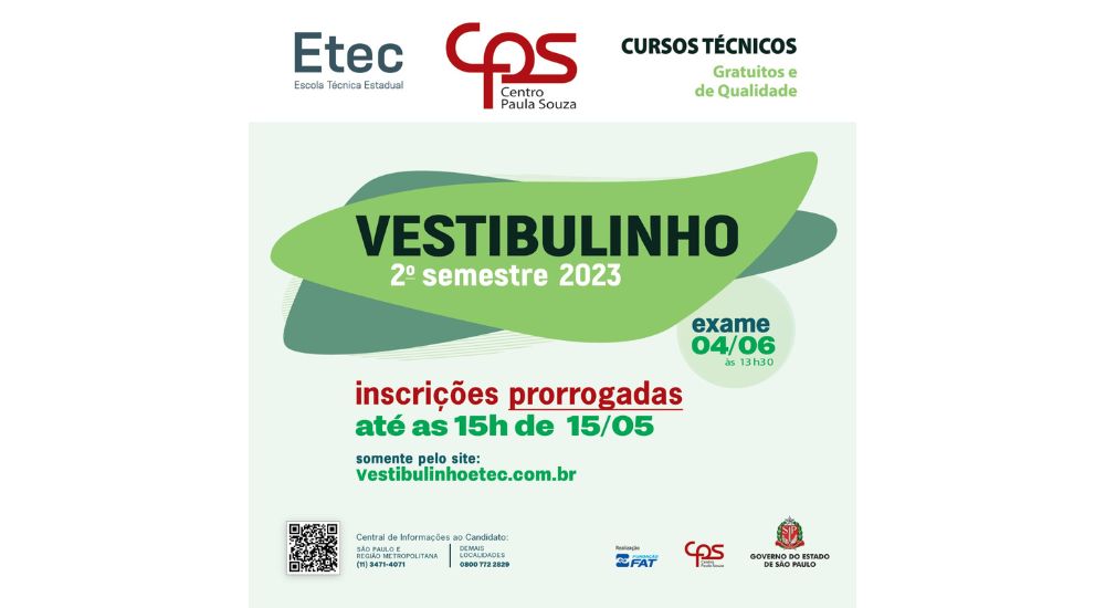 PRORROGADO - ETEC está com inscrições abertas para Vestibulinho 2023 – 2º semestre
