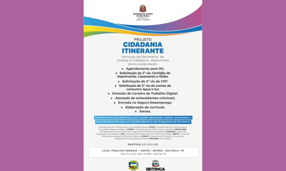 Ibitinga recebe no dia 13 de julho Projeto Cidadania Itinerante da Secretaria de Justiça e Cidadania
