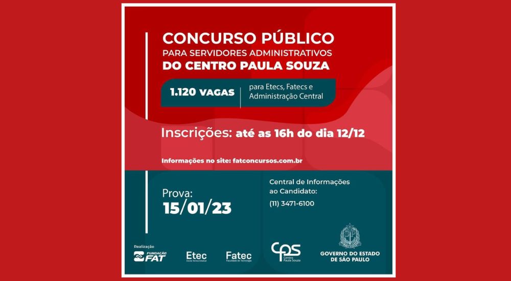 Inscrições abertas para Concurso Público do Centro Paula Souza 