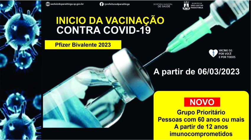 Começa hoje a aplicação da Vacina Bivalente contra a Covid-19 em São Luiz do Paraitinga