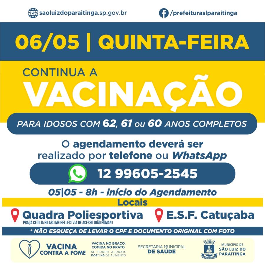 Vacinação COVID-19 - Idosos com 62, 61 ou 60 anos completos