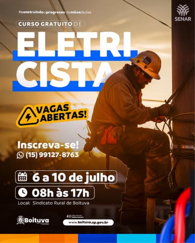 VAGAS ABERTAS PARA CURSO GRATUITO DE ELETRICISTA
