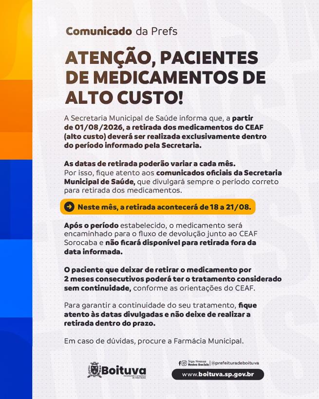 ATENÇÃO, PACIENTES DE MEDICAMENTOS DE ALTO CUSTO!