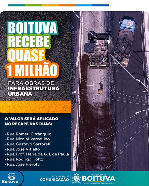 BOITUVA RECEBE QUASE 1 MILHÃO PARA OBRAS DE INFRAESTRUTURA URBANA