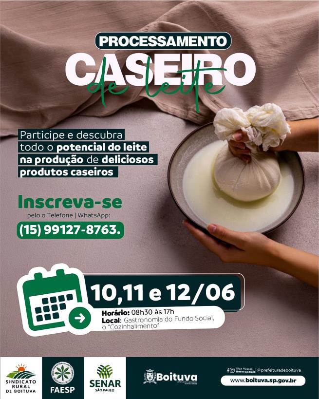 CURSO GRATUITO DE PROCESSAMENTO ARTESANAL DE LEITE