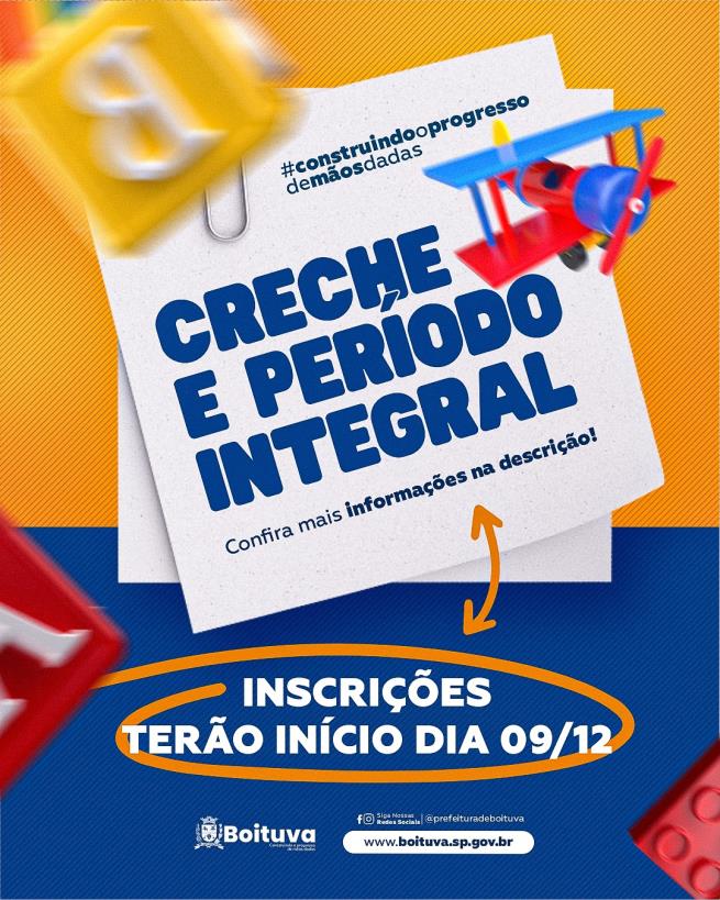 Inscrições para Creche e Período Integral terão início no próximo dia 9