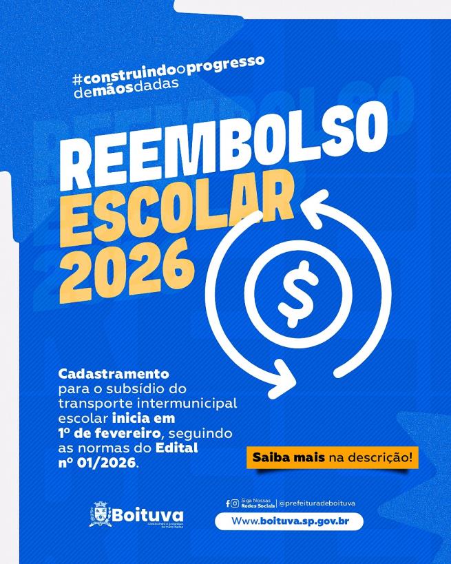 CADASTRO DO REEMBOLSO ESCOLAR 2026 COMEÇA EM 1º DE FEVEREIRO