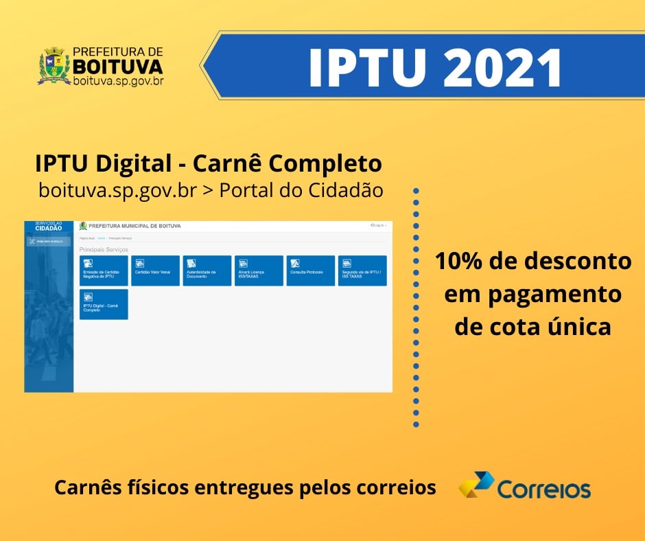 CARNÊS IPTU 2021 JÁ FORAM ENTREGUES PELOS CORREIOS