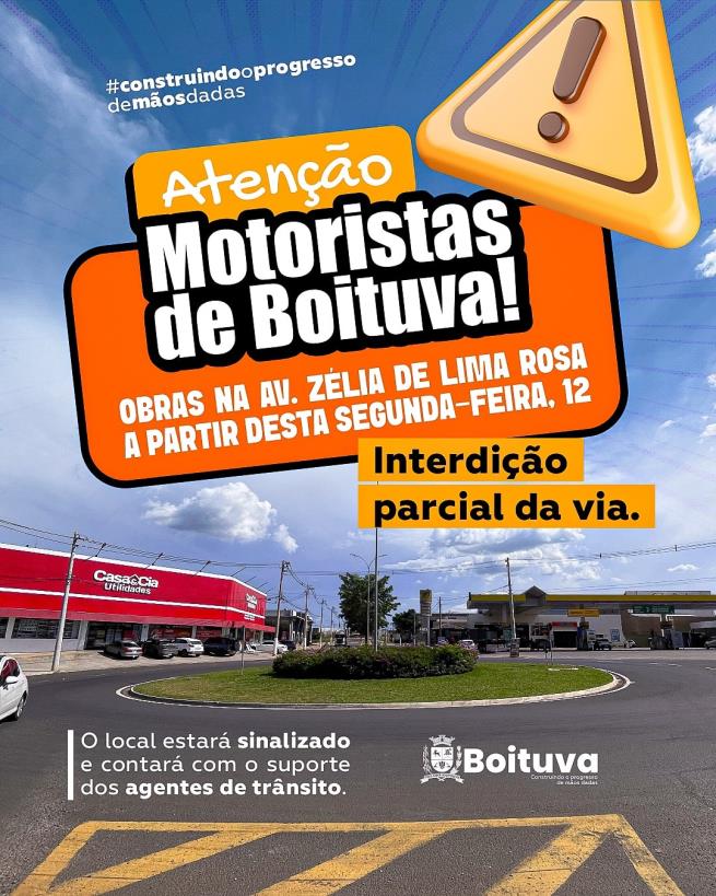 OBRAS NA AV. ZÉLIA DE LIMA ROSA A PARTIR DESTA SEGUNDA-FEIRA, 12