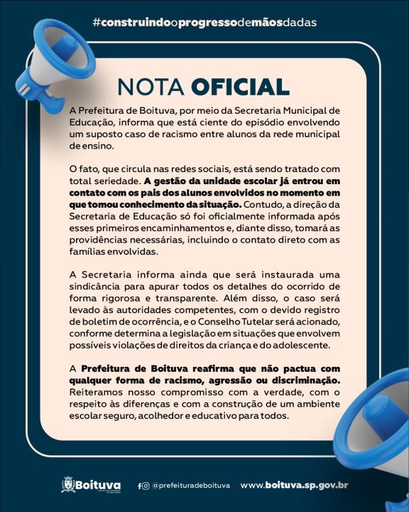 NOTA OFICIAL – PREFEITURA DE BOITUVA