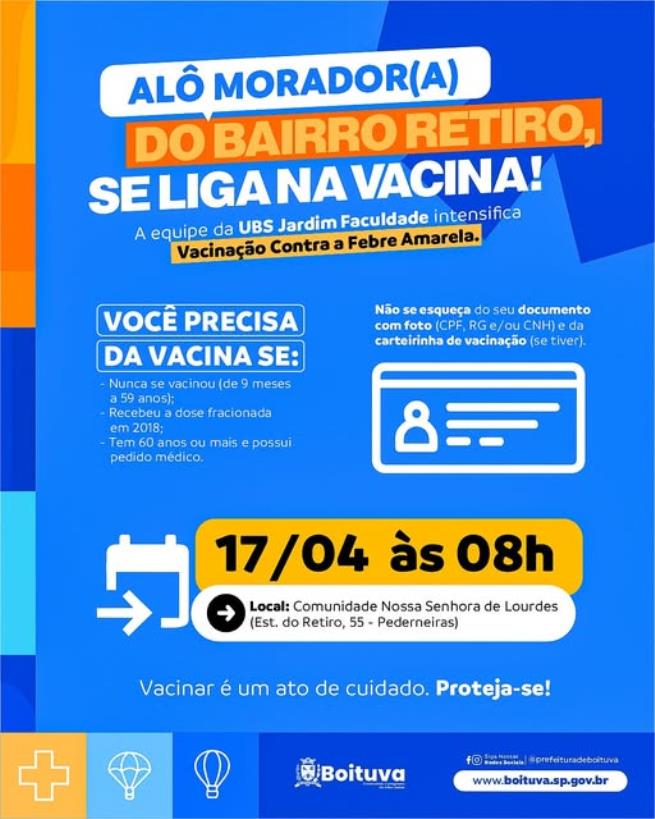 VACINAÇÃO CONTRA FEBRE AMARELA ACONTECE NESTA SEXTA-FEIRA (17) NO BAIRRO RETIRO