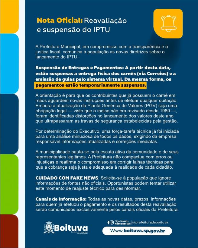 NOTA OFICIAL: REAVALIAÇÃO E SUSPENSÃO DO IPTU
