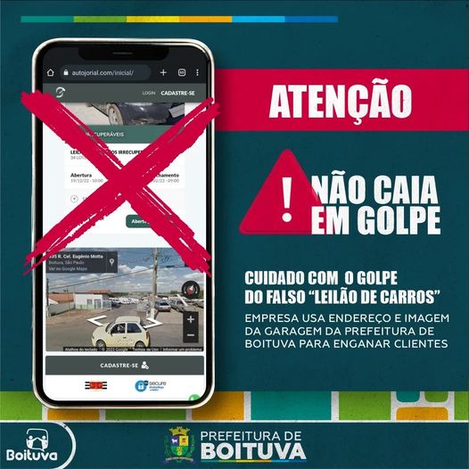 GOLPE DO FALSO “LEILÃO DE CARROS” QUE UTILIZA IMAGEM DA PREFEITURA FAZ NOVAS VÍTIMAS