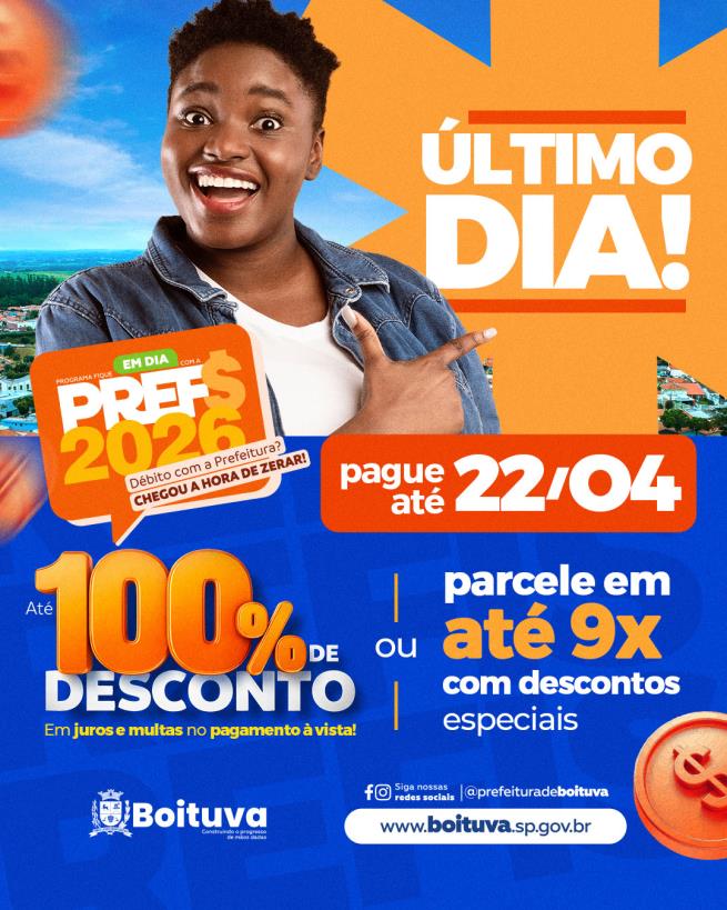 É O ÚLTIMO DIA! NÃO PERCA A CHANCE DE ZERAR SEUS DÉBITOS!