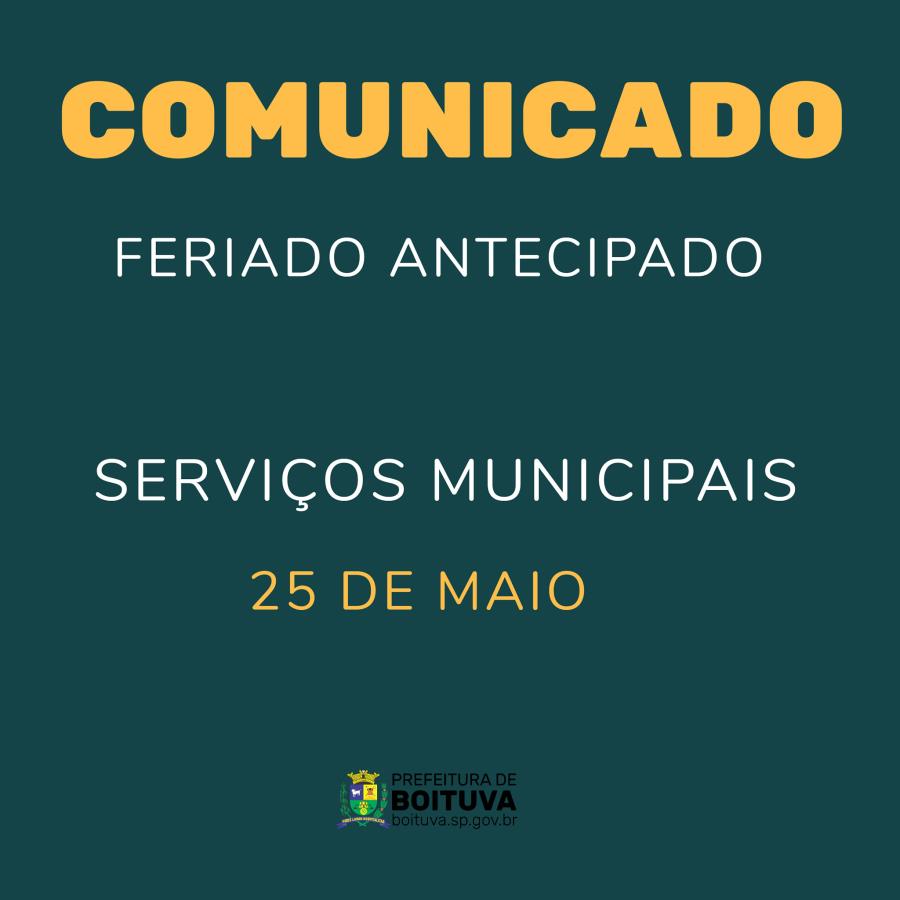#comunicado: Funcionamento dos serviços municipais no feriado antecipado da próxima segunda-feira (25), conforme lei proposta pelo Governo do Estado de São Paulo e aprovada pela Alesp (Assembleia Legislativa do Estado de São Paulo).