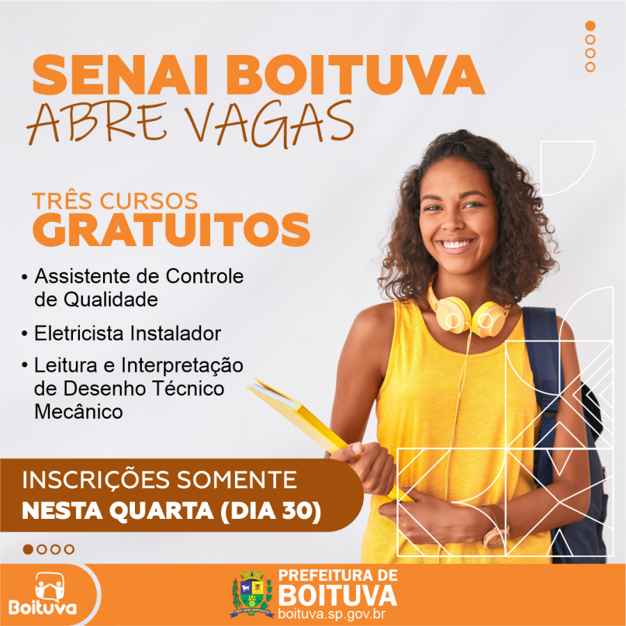 SENAI BOITUVA ABRE VAGAS PARA TRÊS CURSOS GRATUITOS | INSCRIÇÕES ACONTECEM SOMENTE NESTA QUARTA (DIA 30)