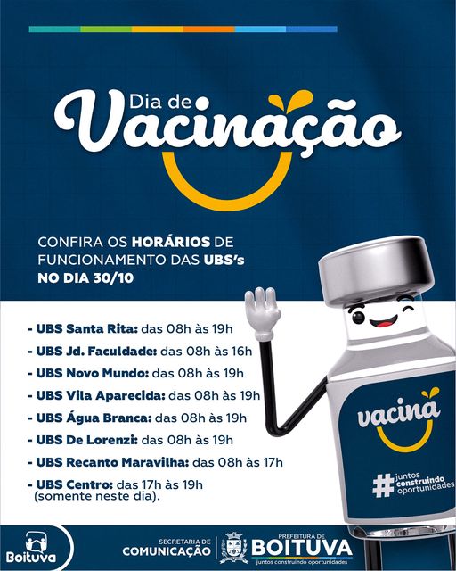 DIA DE VACINAÇÃO | CONFIRA OS HORÁRIOS DE FUNCIONAMENTO DAS UBS’s NA PRÓXIMA SEGUNDA-FEIRA, DIA 30