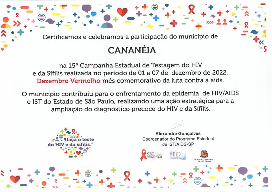 Saúde de Cananéia recebe Certificado por Campanha Fique Sabendo de testagem do HIV e da sífilis realizado no município