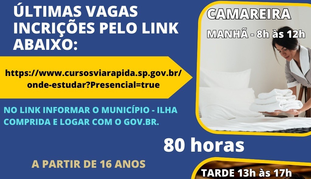 Município anuncia últimas vagas para os cursos de Camareira e Garçom. Inscrições on line