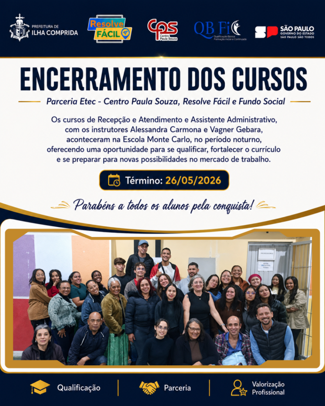Parceria entre Resolve Fácil, Fundo Social e ETEC conclui mais uma turma dos cursos de Recepção e Atendimento e Assistente Administrativo