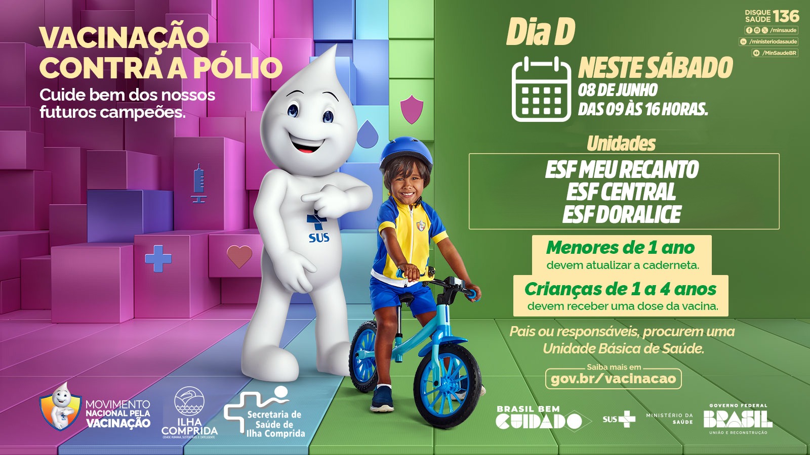 Neste sábado 08.06, acontece o Dia D de Vacinação contra a Pólio para as crianças