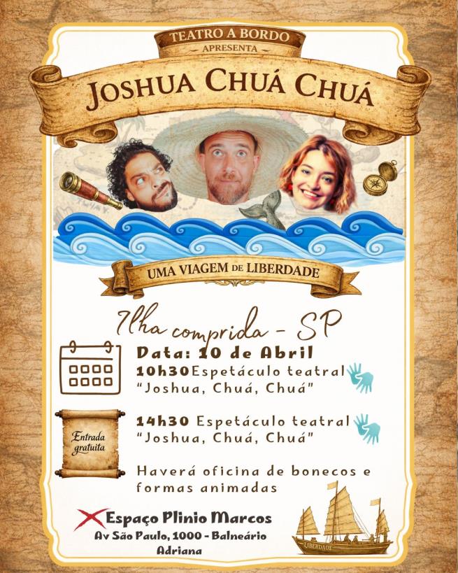 Teatro gratuito em Ilha Comprida no dia 10 de abril