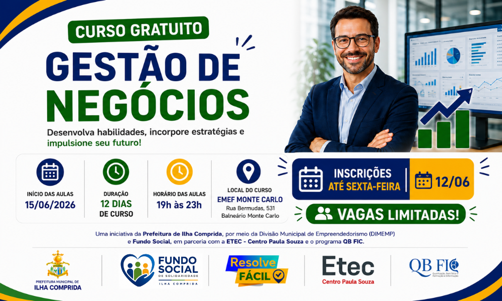 Últimos dias para inscrição no curso gratuito de Gestão de Negócios em Ilha Comprida