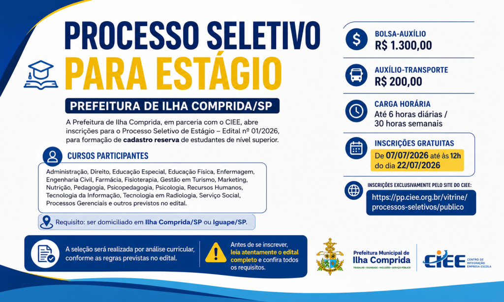 OPORTUNIDADE PARA ESTUDANTES: PREFEITURA ABRE INSCRIÇÕES PARA ESTÁGIO REMUNERADO