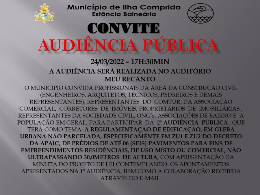 Município convida para Audiência Pública hoje quinta 24/03 sobre Regulamentação de Edificação