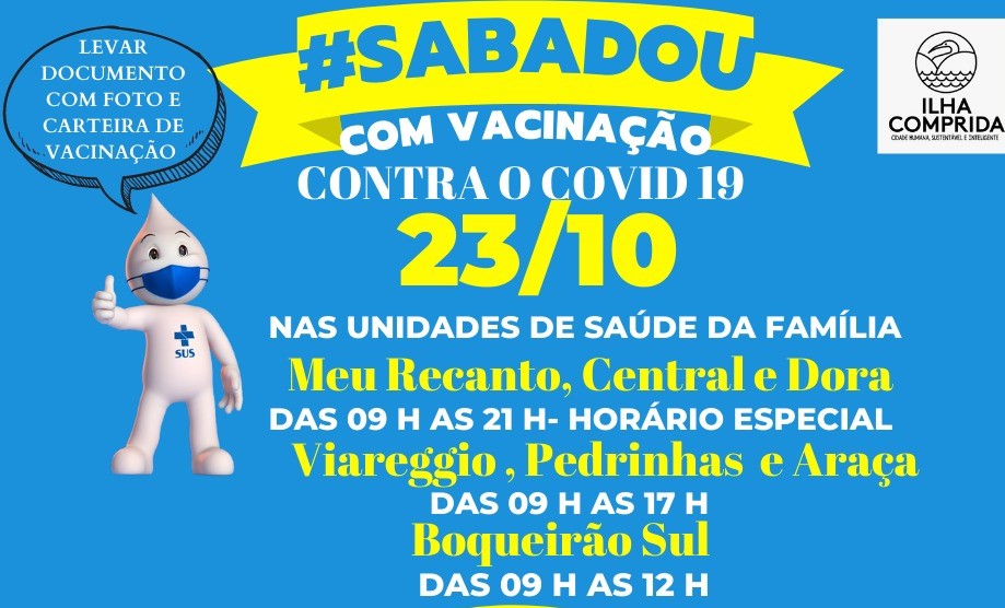 Saúde realiza sábado 23/10 Campanha de Vacinação Covid-19 para todas as faixas etárias, em todas as unidades de saúde