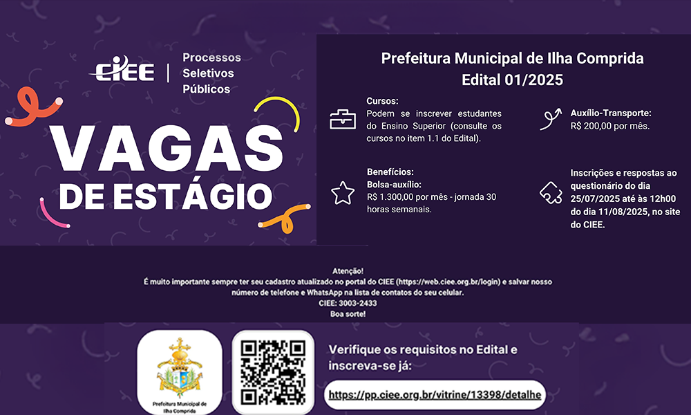 Prefeitura de Ilha Comprida abre vagas de estágio para estudantes do Ensino Superior