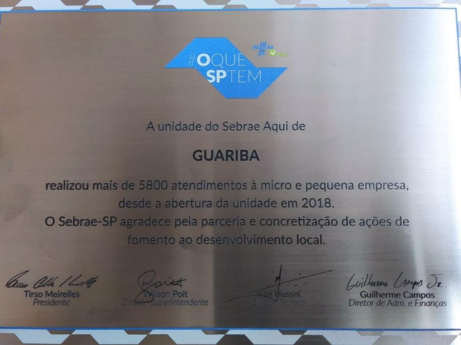 Sebrae de Guariba foi homenageado pelos mais de 5 mil atendimentos realizados desde 2018