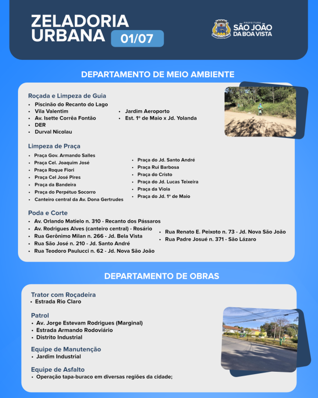 Equipes dos departamentos de Obras e de Meio Ambiente seguem com o trabalho de zeladoria nesta quarta-feira, 01.