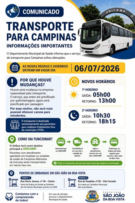 Departamento de Saúde informa alterações no transporte para Campinas
