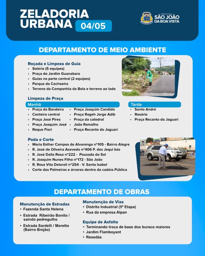 Confira o cronograma de obras e serviços desta segunda-feira