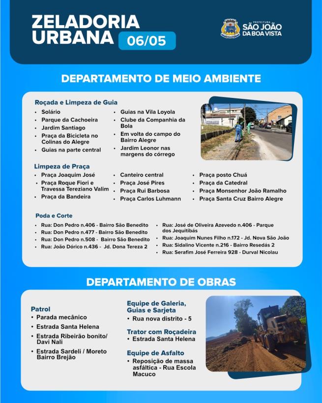 Imagem de Veja onde as equipes dos departamentos de Obras e de Meio Ambiente estão nesta quarta-feira.