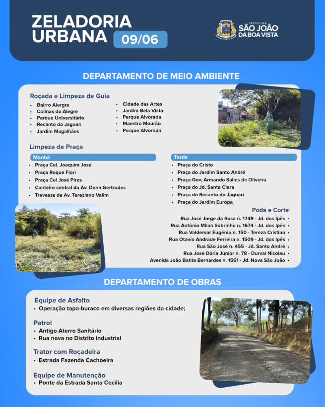 Imagem de Equipes dos departamentos de Obras e de Meio Ambiente seguem com o trabalho de zeladoria nesta terça-feira, 08.