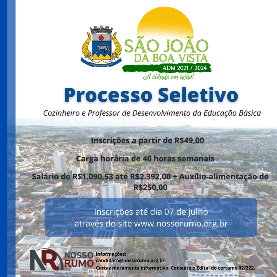 Inscrições para processo seletivo da Prefeitura Municipal de São João da Boa Vista