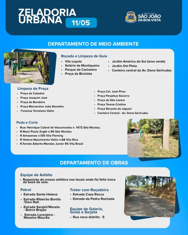 Imagem de Veja onde as equipes dos departamentos de Obras e de Meio Ambiente estão nesta segunda-feira, 11.
