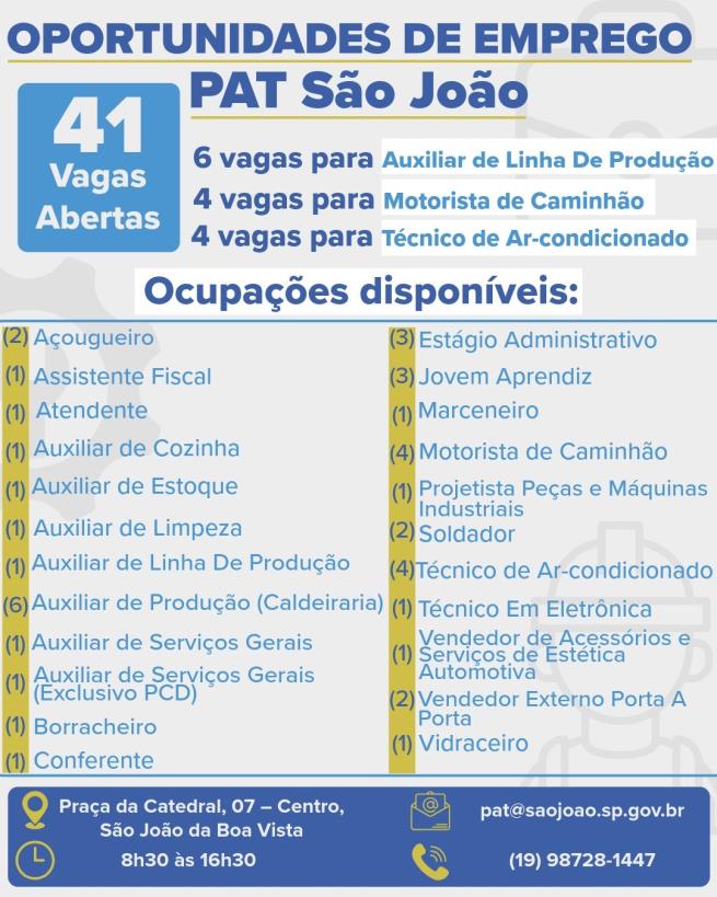 Vagas de emprego disponíveis no PAT de São João da Boa Vista.