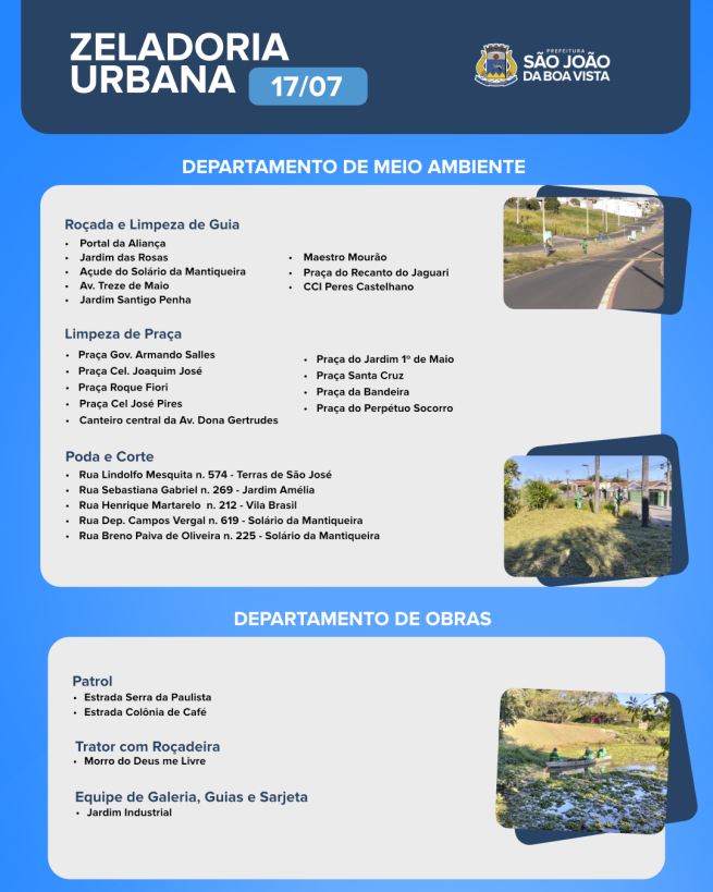 Veja o cronograma de zeladoria urbana dos departamentos de Obras e de Meio Ambiente nesta sexta-feira, 17.