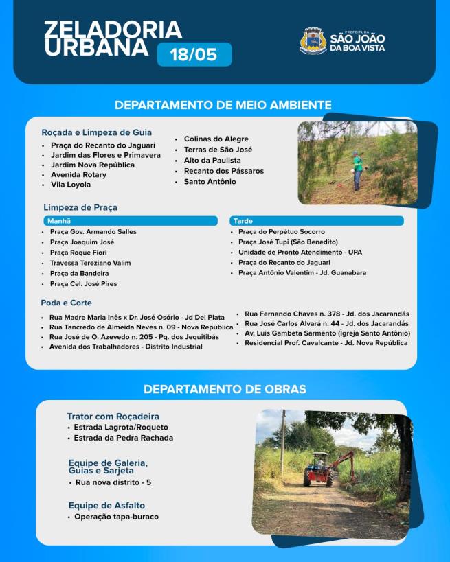 Imagem de Veja onde as equipes dos departamentos de Obras e de Meio Ambiente estão trabalhando nesta segunda-feira, 18.