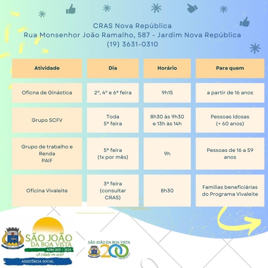 Veja o cronograma de atividades coletivas do CRAS