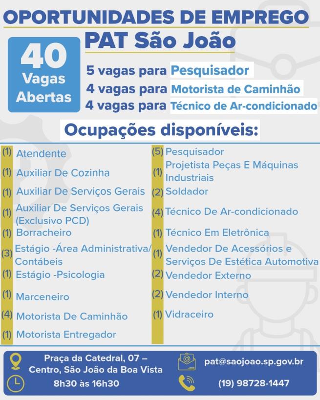 Vagas de emprego disponíveis no PAT de São João da Boa Vista.