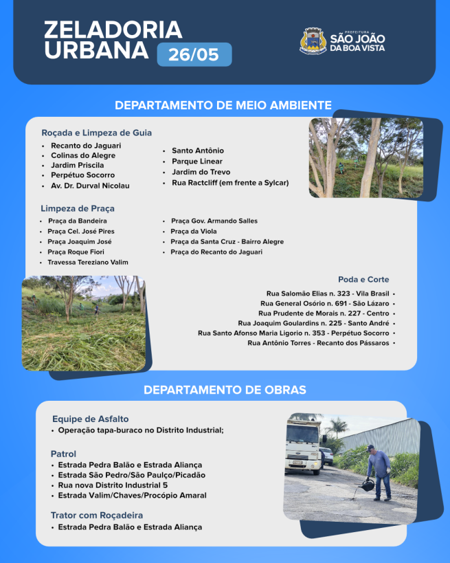 Imagem de Veja o cronograma desta terça-feira, 26, dos departamentos de Obras e de Meio Ambiente.