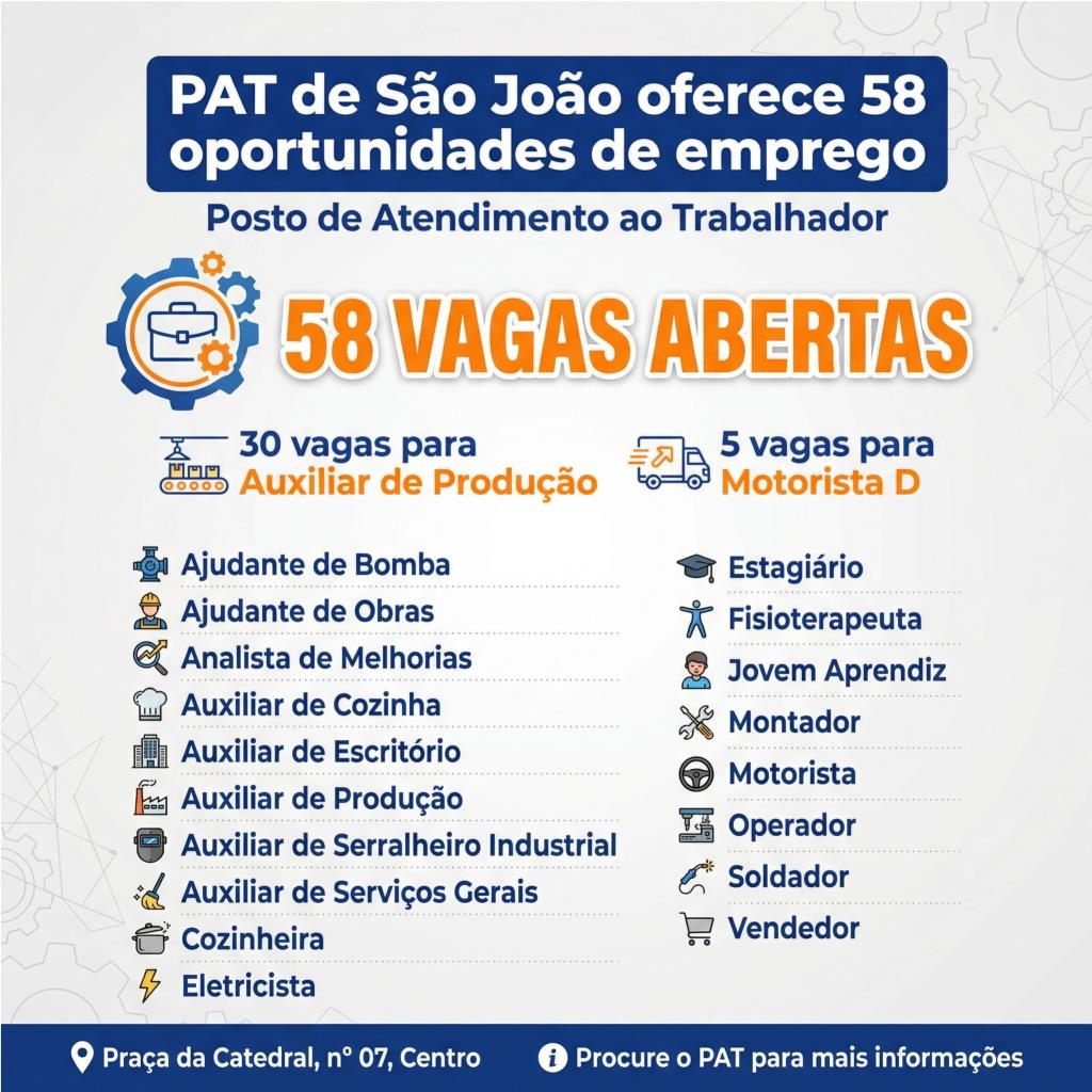 Imagem de PAT de São João oferece 58 oportunidades de emprego