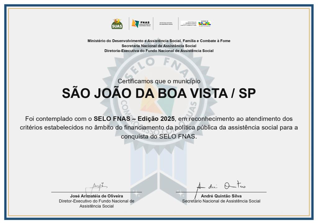 Imagem de São João recebe Selo FNAS 2025 do Governo Federal