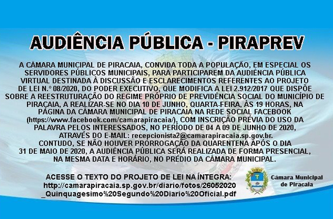 Convite AUDIÊNCIA PÚBLICA - 10/06/2020 às 19H